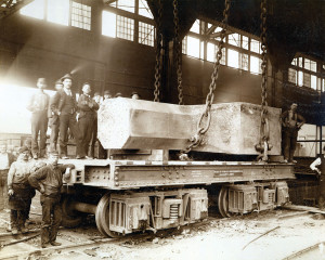 Historical photo of 90 tons of ingot loaded on a railcar