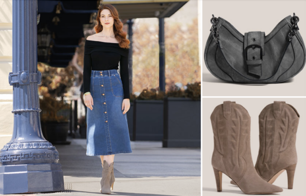 Denim skirt and black blouse, purse, boots