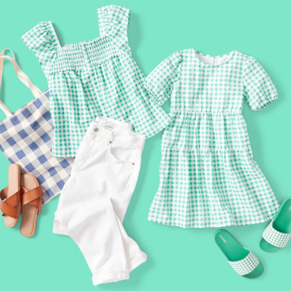 Green dress & blouse, white pants and sandals